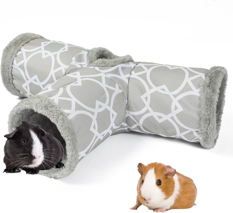 LUCKITTY Plush Inside 3-Way Shape Small Animals Tube Tunnel with Interactive Ball for Guinea Pig, Hamster, Chinchilla, Hedgehog Hiding and Resting, Geometric Grey - Image 1